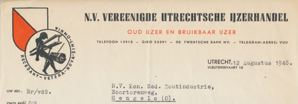 712163 Briefhoofd van een brief van de N.V. Vereenigde Utrechtsche IJzelhandel, Vleutensevaart 10 te Utrecht, gericht ...